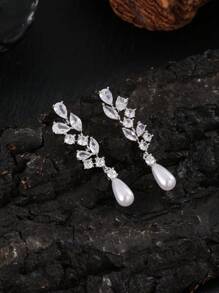 2 Pcs Water Drop Pearl & Cubic Zirconia Elegant Fashion Earrings, Suitable For Brides And Bridesmaids