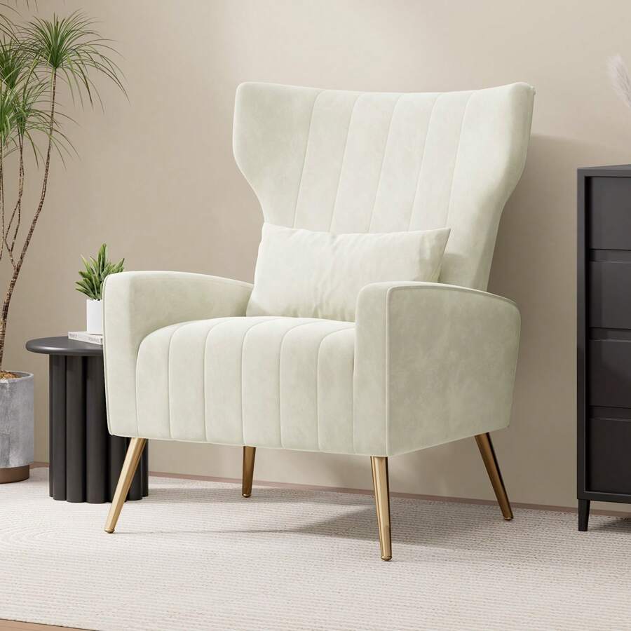 Nalupatio Relaxing Armchair TV Armchair Wing Chair With Head Cushion And Gold Metal Feet Single Sofa Made Of Velvet Up To 130kg Bedroom/Living Room/Lounge - 米色 - 查看 1
