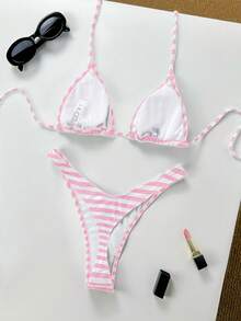 Women's Basic Striped Print Swimsuit, Suitable For Various Occasions From Pool To Beach In Summer, Daily Mini Triangle Bikini Beach Outfit - Pink - View 4