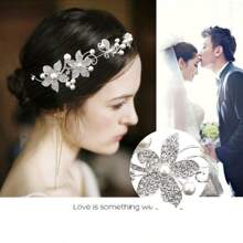 1 件新娘合金水晶和珍珠头饰，韩式花朵发饰婚礼头饰配饰