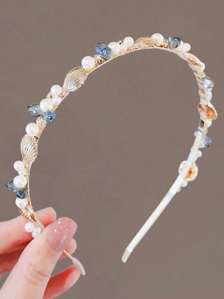 topshiny 1pc Pearl & Rhinestone Flower Headband, Starfish & Shell Headpiece, Suitable For Outdoor & Daily Wear - Gold - View 2
