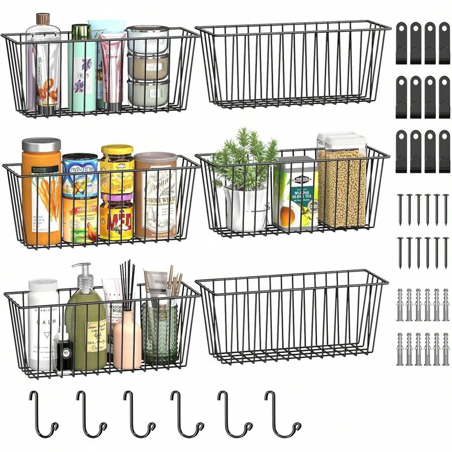 Simple Trending 6 Pack Wire Basket Wall Mount Baskets Hanging Baskets, Cabinets Organizer And Storage With Hooks For Kitchen, Garage And Bathroom