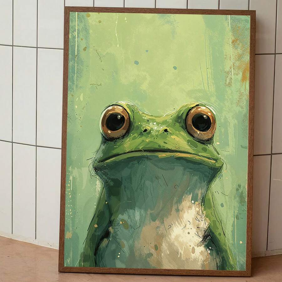 1 Pc Canvas Painting, A Bright And Fashionable Green Frog, Wooden Framed Art,High Quality ,Thickness 2.25cm/1inch  Wall Art Prints Poster Direct Hanging Decor For Home Gifts,Living Room, Bathroom, Bedroom, Kitchen,Bar,Office - 彩色 - 查看 1
