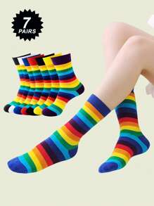 1/3/7 Pairs Women Colorful Fashion Horizontal Striped Rainbow Mid-Calf Socks, Suitable For Casual Daily Wear - Multicolor - View 2