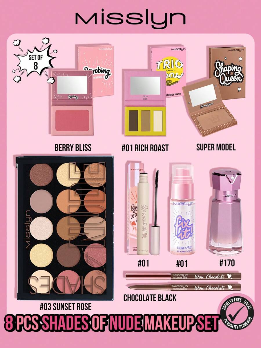 MISSLYN- 8 Pcs Shades Of Nude Makeup Set, Shades Of Nude Eyeshadow Palette, FIX IT! FIXING SPRAY, TRIO BROW Hi-Hy Trio Eyebrow Powder, 3-Color Eyebrow Powder,,Strobing Blush Powder, Blush,Volume & Lift Brow Mascara WaterproofCHOCOLATE EYE LINER LONG-LASTING, Creamy, Ultra-Pigmented & Waterproof Shaping Queen Bronzing Powder Moka Magic Foundation - #8 CHIẾC - Xem 1