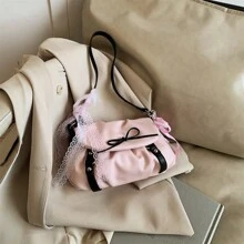 Bolso de hombro estilo Y2K Baddie con bloques de color y decoración de lazo de cinta de encaje, con solapa con plisado de nube, bolso de mano de moda callejera para mujer con colgante, para usar en el hombro y cruzado