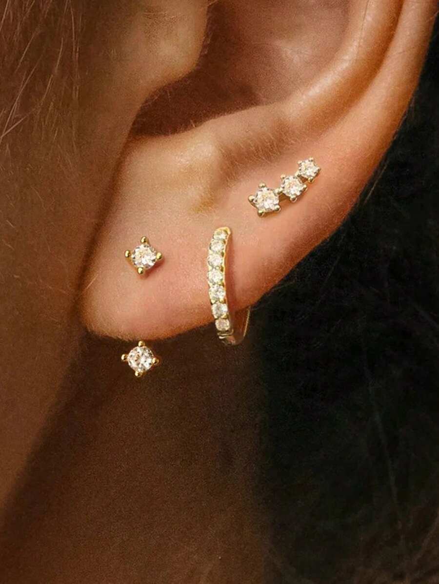 17KM 6pcs Simple Geometric Metal Earrings With Cubic Zirconia, Suitable For Women's Everyday Wear & Bridal Gift - Yellow Gold - View 1