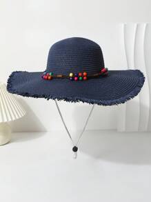 1pc Women's Colorful Beaded Decor Wide Brim Straw Hat, Breathable Summer Sun Protection With Drawstring, Suitable For Daily Matching, Beach Resort Travel, Photography, Fashion & Versatile - Straw Hat - View 12