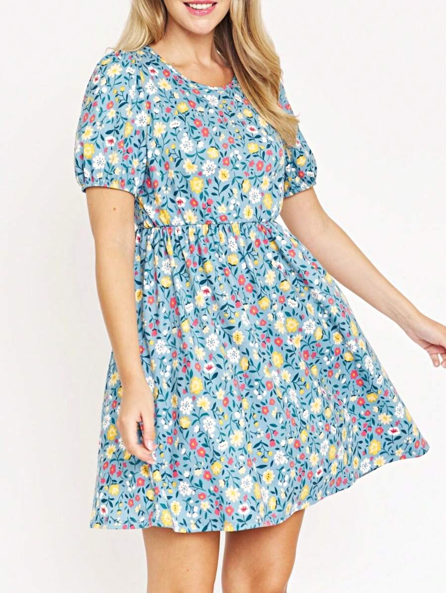 Black Yellow Ditsy Floral Puff Short Sleeve Wrap Tie Surplice V Neck  Mini Dress Swing Southern Dress | Small -3 XL - Màu xanh lam - Xem 1