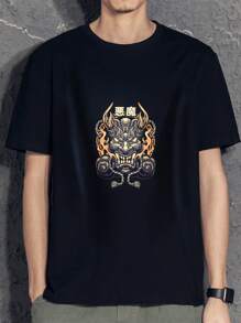 Men's Casual Devil Pattern Printed T-Shirt, Comfortable And Versatile Top, Ideal For Summer Outdoor Activities Or Casual Wear, Excellent Gift Choice