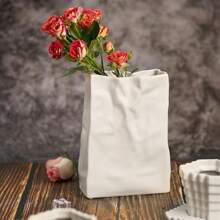 Crinkle Paper Bag Ceramic Vase, Wide Mouth Pleated Vase, Unique White Matte Vase, Minimalist Boho Vase For Flower Arrangement Table Centerpiece Home Office Bookshelf Decor Gifts Birthday Graduation