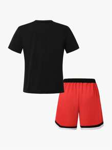 2pcs/Set Boys' Letter Print Sports Outfit, Including Short Sleeve T-Shirt And Waist Tie Athletic Shorts, Spring/Summer