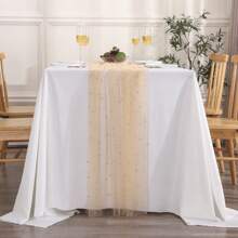 1 件珍珠雪纺桌旗，蓬松蕾丝桌饰，适合生日派对、情人节、舞会