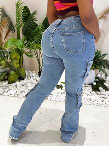 Women's Plus Size Jeans With Elastic Tight Fit, High Waist And Multiple Pockets Design - Tapered Ankle Boot Shaped Denim Pants, Suitable For Curves And Comfortable Stretch Women's Plus Size Jeans - 淺色水洗藍 - 查看 6