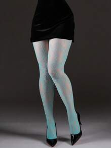 1pc Women's Vintage Micro-Compression High-Elastic Fishnet Tights, Fashion Sunflower Jacquard Leg-Shaping Hollow-Out Pantyhose, Suitable For Halloween, Christmas, Outings, Parties, And Social Gatherings - Baby Blue - View 1