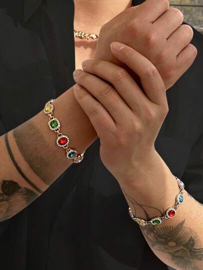 Vintage Elegant Minimalist Multi-Color Crystal Chain Bracelet, Men's Fashion Casual Charming Jewelry, Everyday Party Accessory