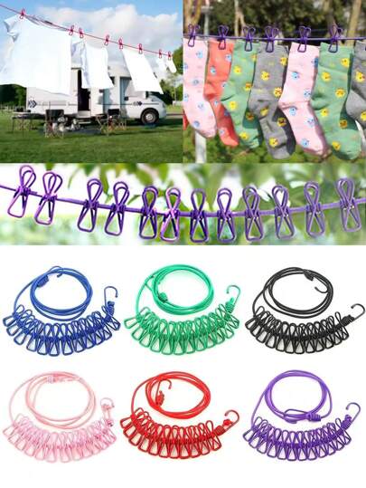 1PC Varal de Roupas Portátil com 12 Clipes Retrátil Lavadora Secadora Varal de Secagem Varal Retrátil Sem Socos Varal de Roupas. Acessórios de Camping Varal de Viagem para Exterior Interior, Varal Retrátil Varal Elástico para Campistas Quarto de Hotel