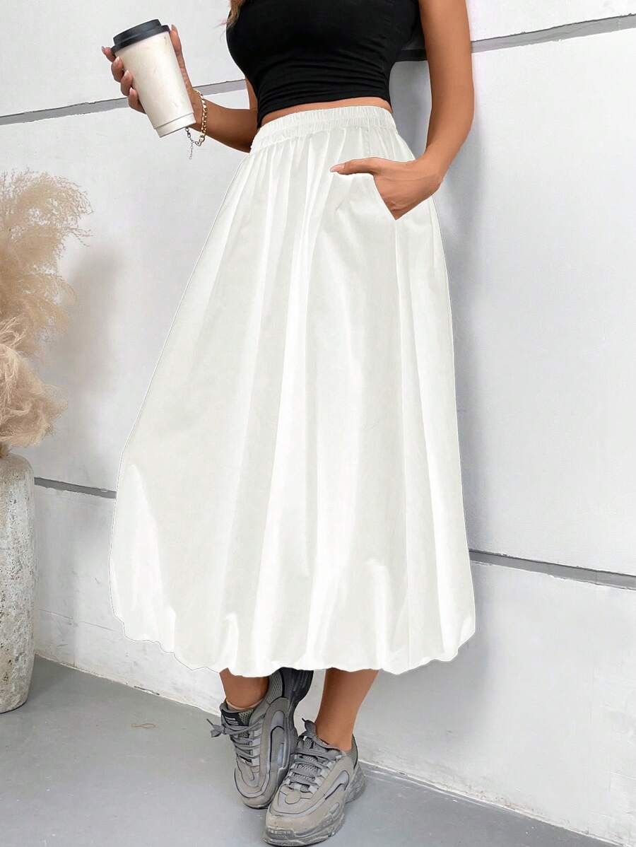 女士泡泡裙，松紧腰带，带口袋，纯色A字长裙，白色，春季款