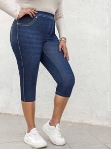 Quần legging định hình cơ thể co giãn cao cấp dành cho nữ cỡ lớn, họa tiết giả denim với thiết kế túi giả, quần lửng thể thao thoải mái thường ngày. - Màu xanh hải quân - Xem 2