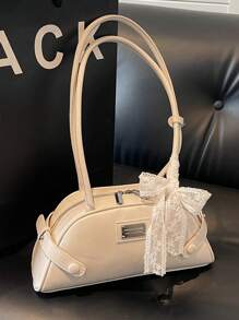 1pc Women Solid Color PU Shoulder Bag, Baseball/Bowling Bag Shape, With Scarf Decor, Suitable For Festival, Dating, Gift - Multicolor - View 1
