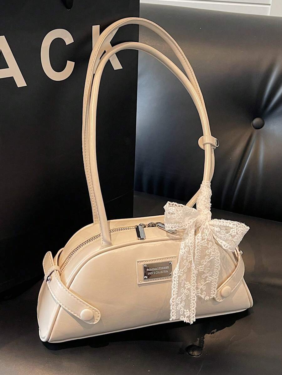 1pc Women Solid Color PU Shoulder Bag, Baseball/Bowling Bag Shape, With Scarf Decor, Suitable For Festival, Dating, Gift - Multicolor - View 1