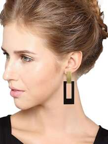 2pcs Black Geometric Square Metal Clip-On Earrings For Women, Long Piercing-Free Casual Wear - Clip - View 2