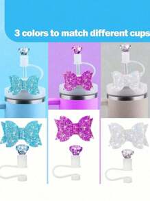 6 件/套可爱蝴蝶结和水钻可重复使用硅胶吸管帽、吸管顶盖，适合 20-40 盎司玻璃杯、饮料配件、派对桌面装饰，圣诞节、生日的绝佳礼物 - 彩色 - 查看 5