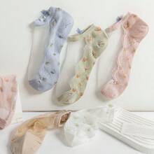 5 Pairs Women's Summer Crystal Mesh Socks, Lightweight Breathable Glass Crystal Socks With Embroidered Ditsy Floral Details, Machine Washable, Cute Invisible Boat Socks, Ladies Stockings And Socks