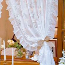 1件装高级时尚幻影蝴蝶薄纱蕾丝边优雅半透明窗帘，适用于别墅、卧室、客厅 - 白色 - 查看 4