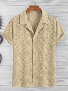 男士时尚经典几何镂空纹理领扣设计休闲衬衫，适合日常、通勤、街头装、夏季新品 - 卡其色 - 查看 1