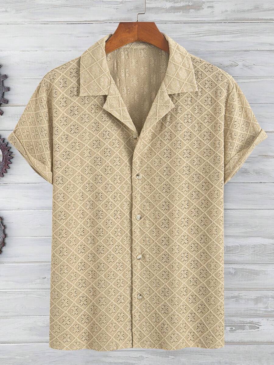 男士时尚经典几何镂空纹理领扣设计休闲衬衫，适合日常、通勤、街头装、夏季新品 - 卡其色 - 查看 1