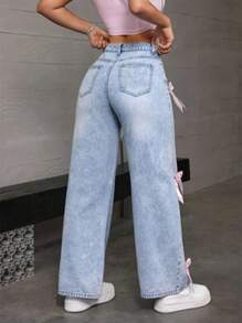 Women's Loose Fit Casual Denim Pants With Bowknot Decorated Pockets - Màu xanh nhạt - Xem 3