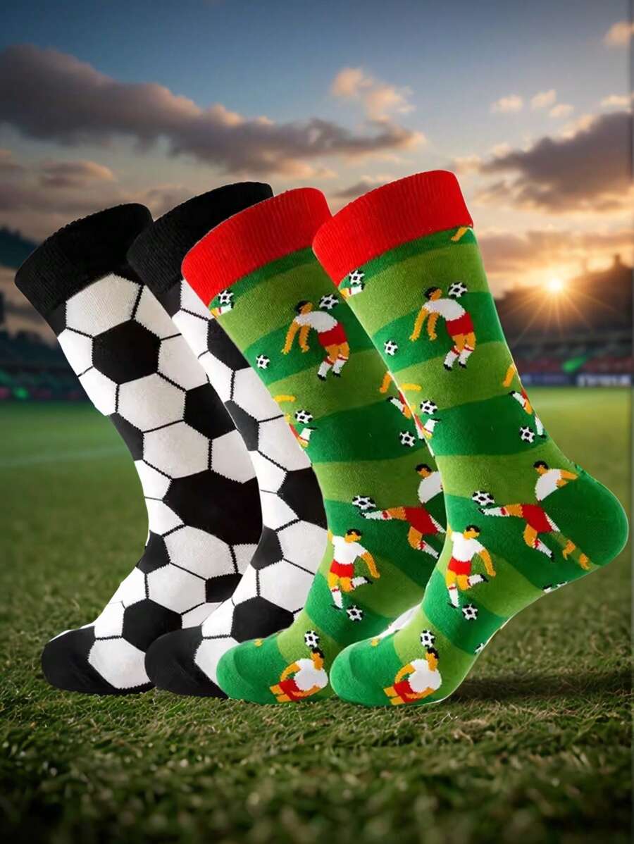 2 Pairs Unisex Cartoon Soccer Football Patterned Mid-Calf Socks - Multicolor - View 1