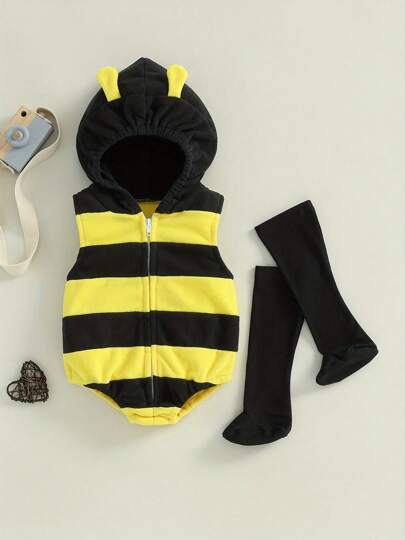 Baby Bee Halloween Costumes Toddler Girl Boy Outfits Clothes Hooded Romper Jumpsuit With Long Socks