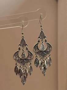 1 对波西米亚风复古银水滴吊坠流苏耳环，适合女士，复古风格，适合日常佩戴、工作、旅行、聚会、约会