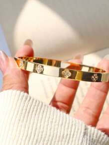 18K镀金不锈钢奢华彩色立方氧化锆手镯，女士时尚首饰 - 幸運草手鐲 - 查看 4