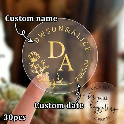 30-240 Unidades Pegatinas personalizadas con nombre/fecha, redondas con lámina de oro transparente, pegatinas de boda, etiquetas de aniversario personalizadas, etiquetas personalizadas para obsequios de fiesta, estampado en oro, pegatinas autoadhesivas personalizables, etiquetas para bolsas de fiesta, 4x4cm, lámina de oro/tinta negra, regalo de Pascua, adecuado para ella, mejor amiga, pareja, novia, esposa, colega, familia, ambiente cálido, renovación otoñal del hogar, armonía del hogar, decoración de oficina, amor eterno