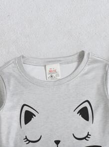 2 件套青少年女孩舒适睡衣套装，圆领可爱猫咪印花短袖波尔卡圆点长裤，舒适家居服套装 - 灰色 - 查看 3