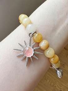 2Pcs/Set Matching Sun & Moon Charms Stone Beads Bracelets For Couples Best Friend, Matching Heart Charm Bracelets Gifts For Couples Friendship Jewelry To Sister Bestie Long Distance Gift For Bf Gf - Multicolor - View 4