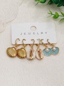 3 对女士金色海星贝壳耳环套装，14k 镀金时尚波西米亚海洋系列贝壳海星耳环套装，适合海滩度假佩戴、夏季珠宝、珠宝礼物 - 3pairs - 查看 5
