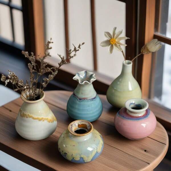 复古手工迷你陶瓷花瓶，简约花卉装饰，适用于客厅、茶几、办公桌、精致家居装饰，景德镇