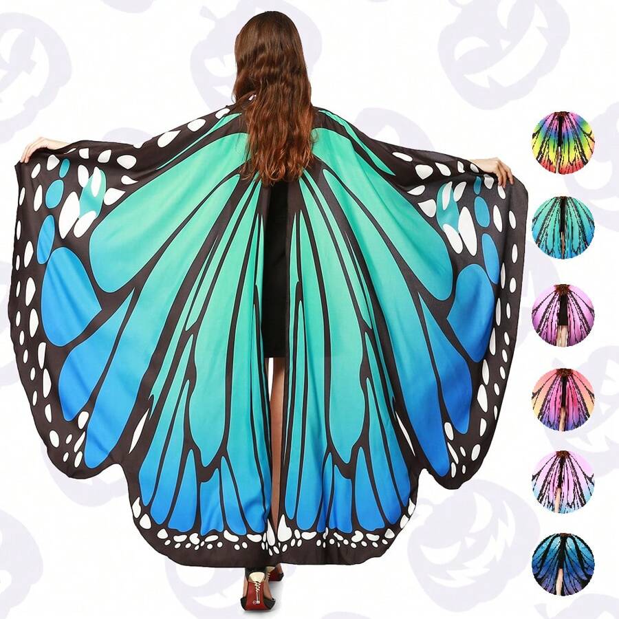 3 Pieces Per Set. Women's Butterfly Wing Shawl + Hair Hoop + Face Mask, A Halloween Costume Accessory Set. Festival Costume Accessories Including A Butterfly-Patterned Cape, An Antenna Headband, And A Lace Hollow-Out Mask. Suitable For Adult Butterfly Wing Costumes With Headpieces And Face Decorations For Christmas Parties. It Can Also Serve As A Birthday Gift, And Is Applicable For Parties, Cosplay, Stage Performances, Etc. - Purple - View 1