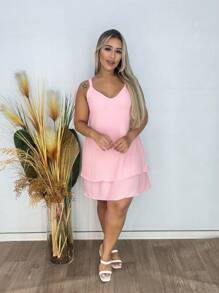 Vestido Curto com Babados na Barra - Rosa Bebê - Visão 3