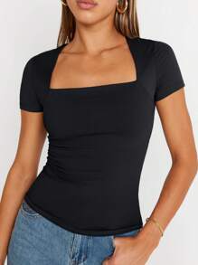 KAHULE Women's Square Neck Tops Short Sleeve Crop Tops Workout Summer Clothes Casual Slim Fit T-Shirts