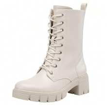 Women's Mid Calf Combat Boots Lace Up Elastic Chunky Platform Boot With Side Zipper - 米色 - 查看 6