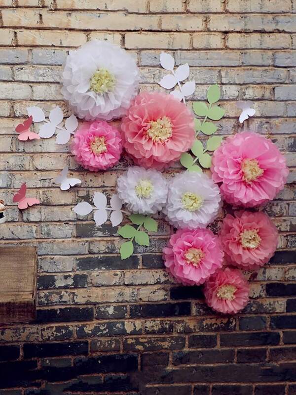 23pcs/Set Paper Pom Poms Flowers Fluffy Kit,Tissue Paper Chrysanth Flowers With Butterfly And Olive Leaves Kit For Wedding,Birthday Party, Bridal Shower, Bachelorette Room Wall Backdrop Decorations Parties & Events Decorations Pom Poms