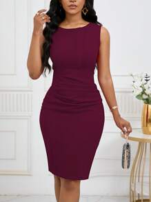 Women Elegant Simple Sleeveless Bodycon Dress - Burgundy - View 5