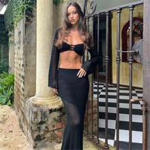 Women Summer Bikini Coverups 2pcs Outfit Set Beachwear Long Dress Crochet Knit Hollow Out Long Sleeve Off Shoulder Crop Top + Long Maxi SkirtsSexy Sundress Swimsuit Cover Ups - 黑色 - 查看 4