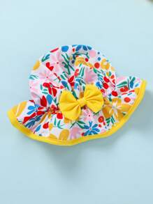 2pcs Set Elegant & Cute Baby Girls Floral Colorblock Ruffle Zipper Front Long Sleeve Romper & Bowknot Decor Hat, Suitable For Leisure, Swimming Pool, Beach, Vacation, Party - Multicolor - View 3