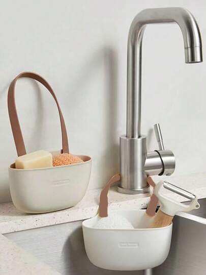 1 pezzo Cestello da appendere per lavandino da cucina, Scaffale di scolo a strato singolo di colore marrone chiaro, Portaspongie portatile senza foratura da appendere al rubinetto, Borsa portaoggetti da bagno e cucina per riporre spugne e stracci